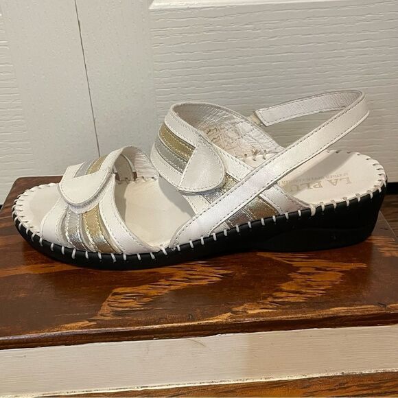 NWOB La Plume Women’s Anya Sandal Velcro Strap White Silver Gold Sz IT 38 US 7.5 - Picture 5 of 15